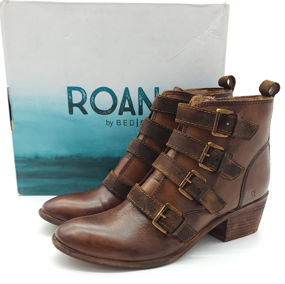 ROAN by Bed Stu Shoes - Roan by Bed Stu Zoey Tan Stacked Heel Buckle Ankle Boots Women's Size 9.5